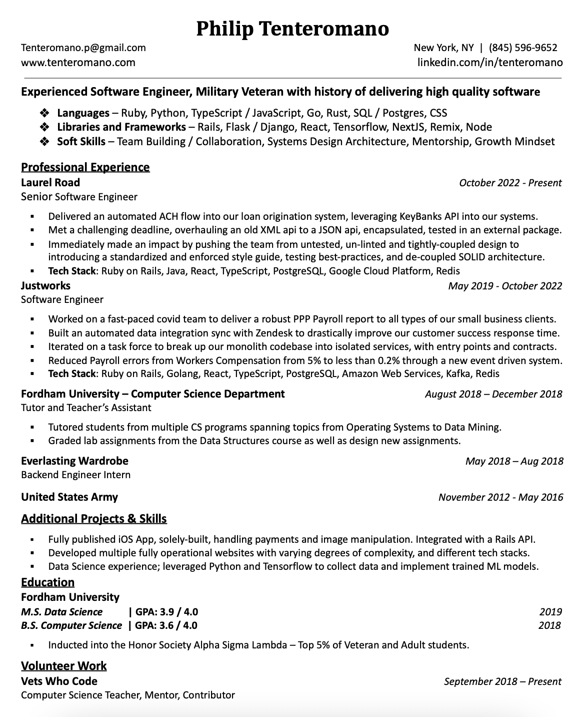 Phil Tenteromano's Resume for Software Engineer